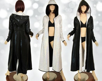 Reversible 4 Pocket Long Sleeve Hooded Duster Black Mystique / Silver on White Shattered Glass - 155828