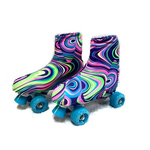 May include: A pair of roller skates with colorful swirl patterned covers. The covers are a mix of pink, green, blue, and purple swirls on a black background. The wheels are blue.