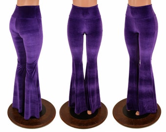 Purple Velvet Solar Flare Leggings with High Waistband - 156700