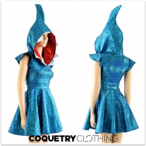 Holographic Turquoise Shark Fin Hoodie Skater Dress with Red Lined Hood and Teeth   -152885