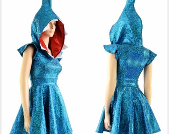 Holographic Turquoise Shark Fin Hoodie Skater Dress with Red Lined Hood and Teeth   -152885