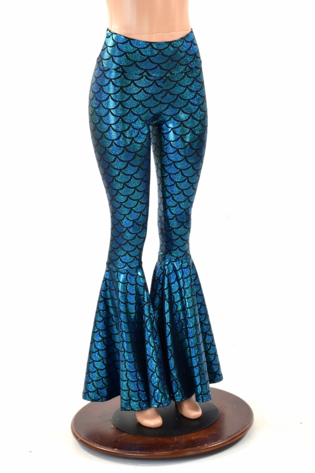 Turquoise Dragon Scale High Waist Mermaid Bell Bottom Flare Pants ...