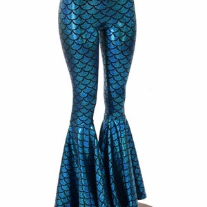 Turquoise Holographic Dragon Scale High Waist Mermaid Leggings E7896 