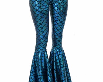 Turquoise Dragon Scale High Waist Mermaid Bell Bottom Flare Pants 152222