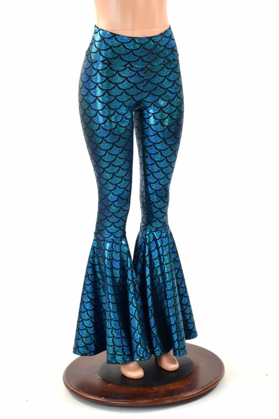 Turquoise Dragon Scale High Waist Mermaid Bell Bottom Flare Pants 152222 