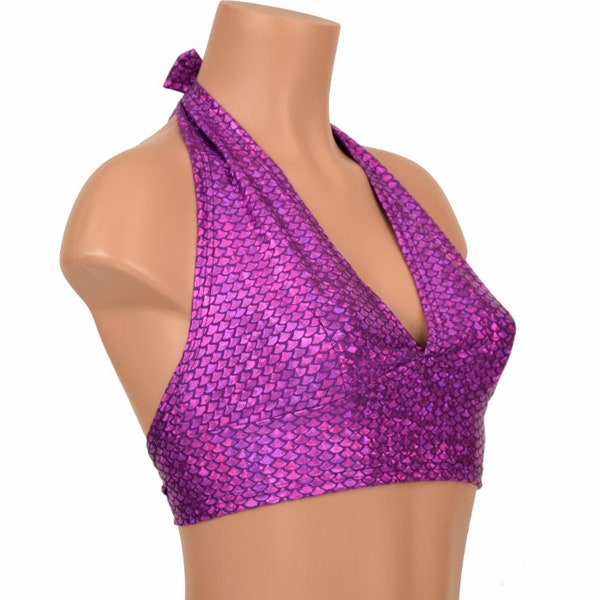 Purple Fish Scale Shiny Spandex Tie Back Halter Top - 155550