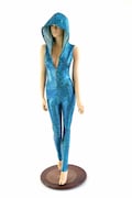 Turquoise on Black Shattered Glass Zipper Front Sleeveless Hoodie Catsuit w/Seafoam Hood Lining Rave Festival Buring Man 152469