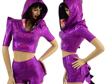 Purple Scale Sharp Shoulder Dragon Hooded Crop Top and High Waist Shorts with Mini Dragon Tail Ruffle    EMK15810274