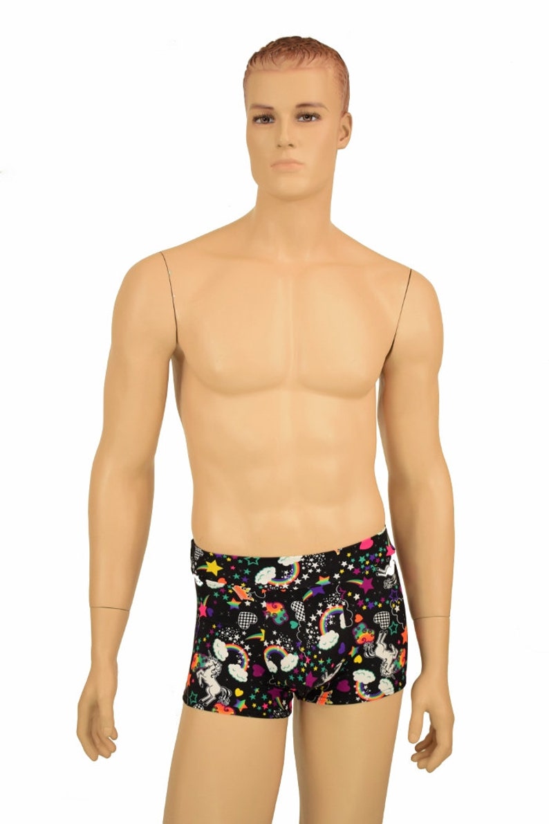 Men/'s Mid Rise Aruba Shorts in UV Glow Unicorns and Rainbows Black Light Reactive Magical 90/'s 156336