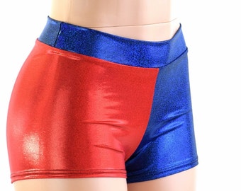 Red & Blue Metallic Harlequin Mid Rise Shorts Harley Quinn Cosplay 151583