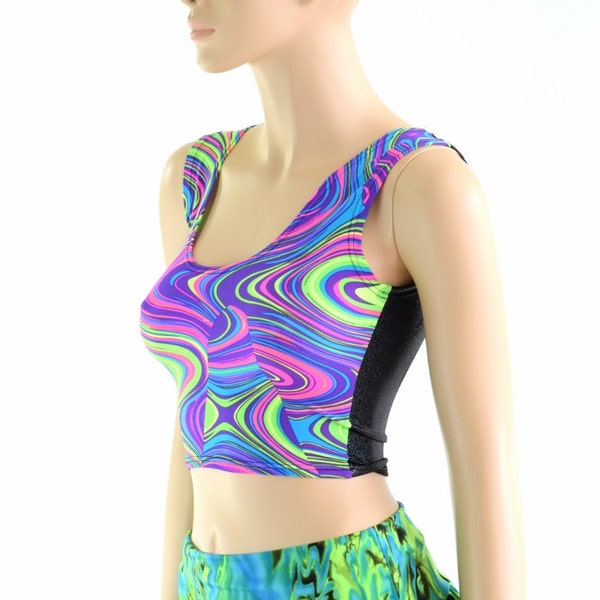 Two Tone Tank Style Crop Top Front to Back Reversible in  Black Holographic & Glow Worm 152830