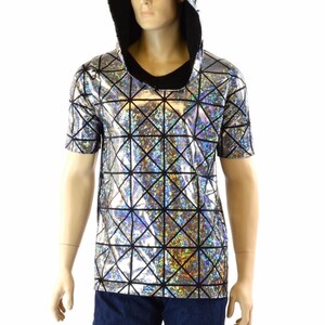 Mens Silver on Black Holographic Cracked Tiles Hoodie Shirt with Short Sleeves & Black Zen Hood Lining 152177 image 5