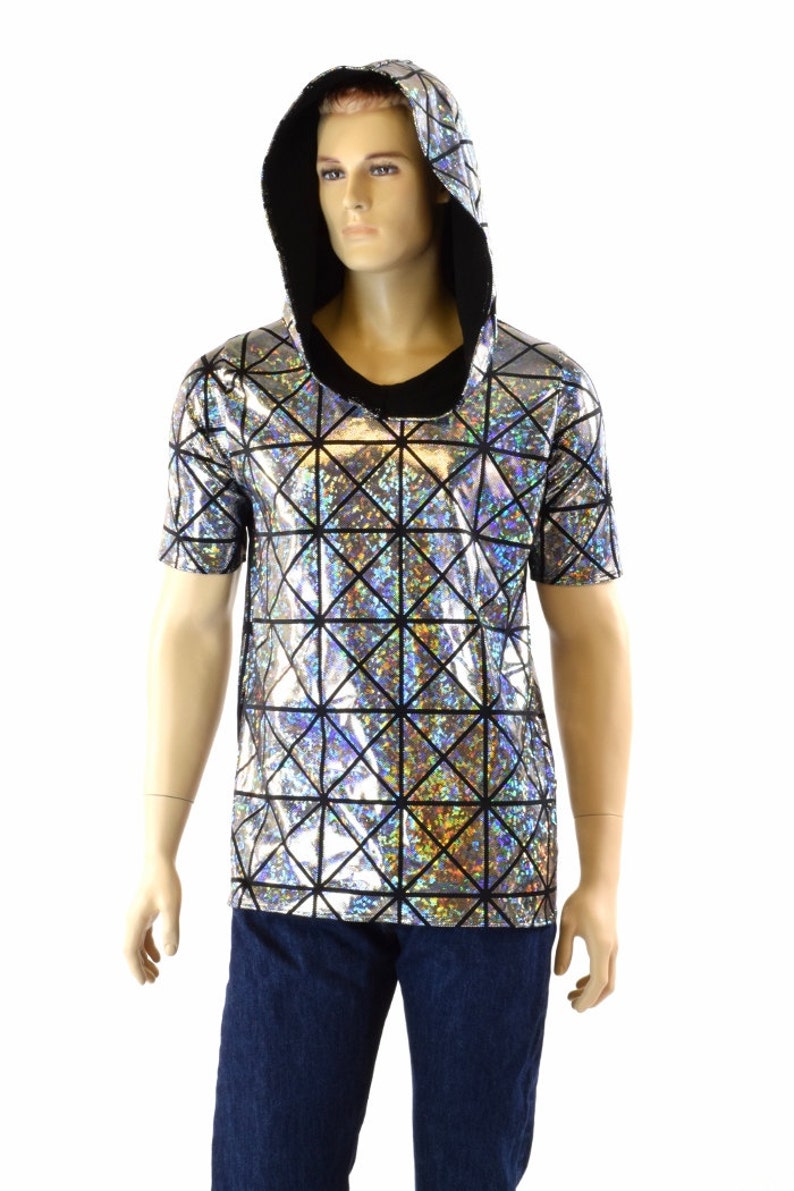 Mens Silver on Black Holographic Cracked Tiles Hoodie Shirt with Short Sleeves & Black Zen Hood Lining 152177 image 5