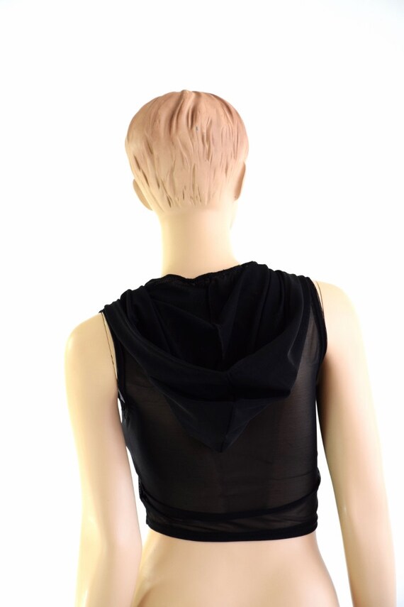 【KOOLOSET】[6oz] Coal Zipper Hood Padding Sleeveless Black Mesh Zipper Front Crop Hoodie 154054 - Etsy