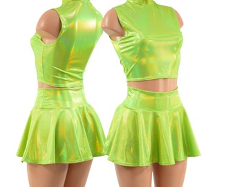 Neon Lime Holographic Sleeveless Mini-Turtle Neck Crop Top & 12" Circle Cut Skirt Set -15810237