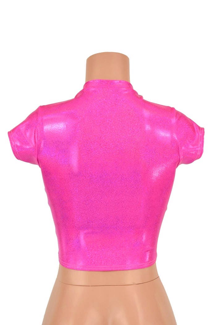 V Neck Crop Top With Cap Sleeves in Neon Pink Holographic