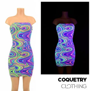 May include: A strapless mini dress with a swirling, psychedelic pattern in shades of blue, green, pink, and yellow. The dress glows in the dark, with the colors appearing brighter and more vibrant under blacklight.