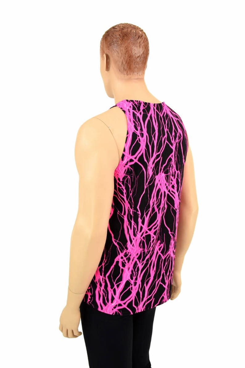 Mens Neon UV Glow Pink Lightning Muscle Shirt Mens Rave or Festival Shirt 154994