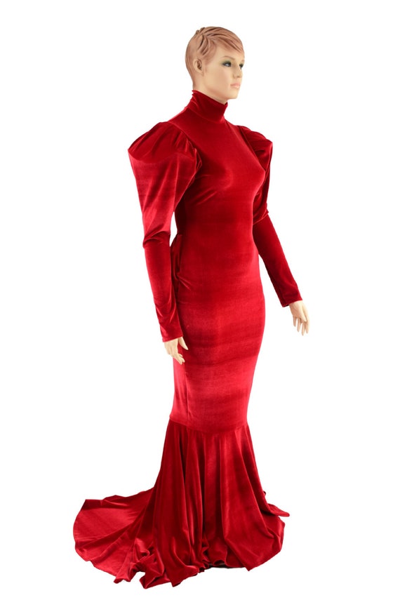 Red Velvet Puddle Train Gown With Victoria Sleeves, Turtleneck