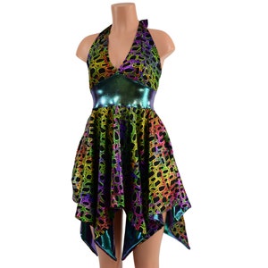 May include: A black halter dress with a colorful iridescent pattern. The dress has a fitted bodice and a flowing skirt with a high-low hemline.
