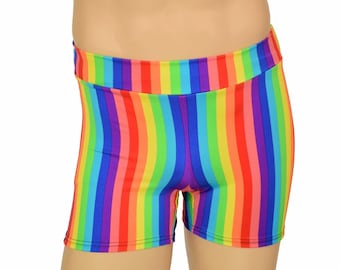 May include: Rainbow striped athletic shorts with a wide waistband.