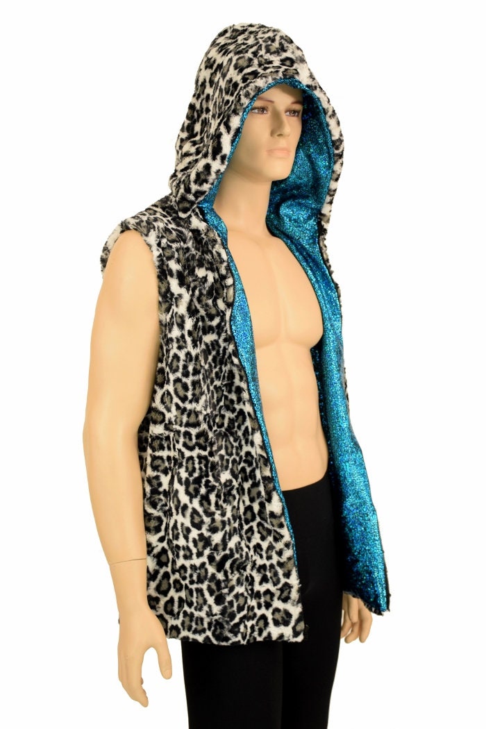 Mens Zipper Front Hooded Reversible Vest in Minky Snow