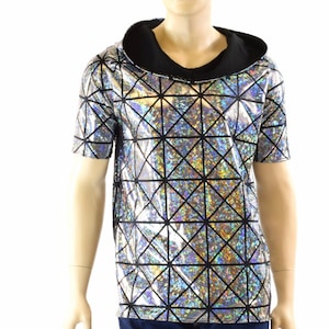 Mens Silver on Black Holographic Cracked Tiles Hoodie Shirt with Short Sleeves & Black Zen Hood Lining 152177 image 2