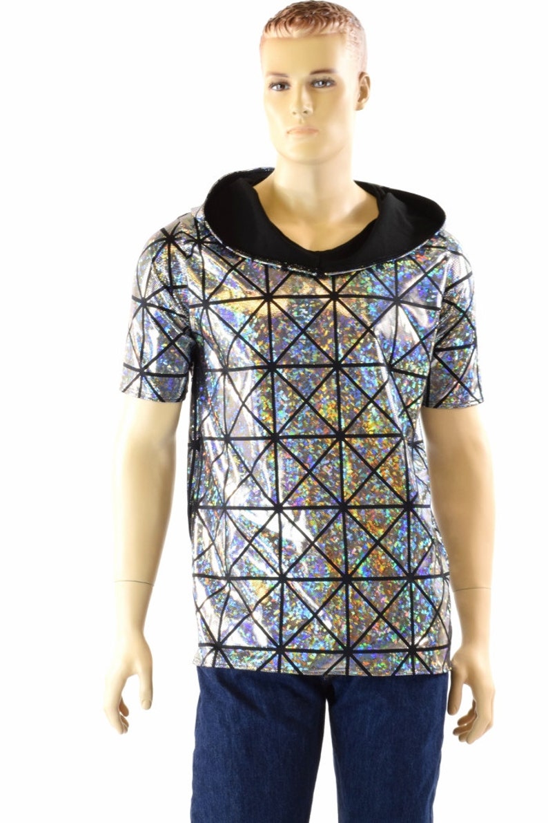 Mens Silver on Black Holographic Cracked Tiles Hoodie Shirt with Short Sleeves & Black Zen Hood Lining 152177 image 2