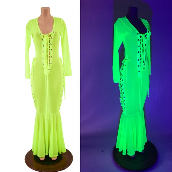 Neon Yellow Mesh Mermaid Gown With DEEP Plunging V Laceup Neckline and  Laceups at the Hips EMK - Etsy