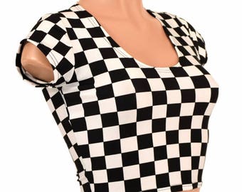 Black & White Checkered Winners Flag Print Cap Sleeve Top with Scoop neckline 150141