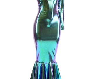 Vestido de cola de charco con mangas largas y un hombro en spandex