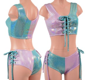 Harlequin Seafoam and Lilac Holographic MINI Laceup Crop Tank and Lace Up Ultra Cheeky Booty Shorts Set EMK