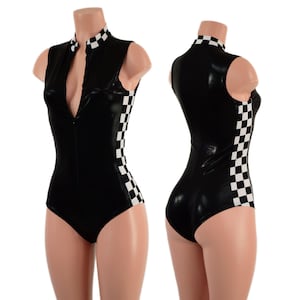 Black Mystique Sleeveless Stella Romper with Checkered Side Panels and Collar, Siren Cut Leg 860199
