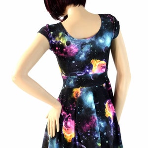 UV Glow Galaxy Print Cap Sleeve Fit and Flare Skater Skate Dress E7846 image 3