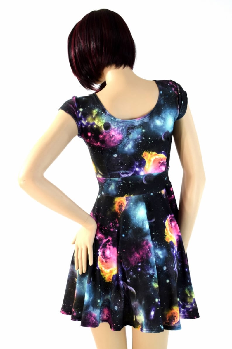 UV Glow Galaxy Print Cap Sleeve Fit and Flare Skater Skate Dress E7846 image 3