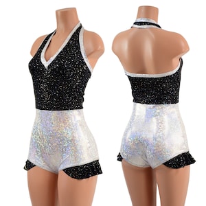 Backless Romper with Boy Cut Leg, Backless V Neck, and Hip Ruffles. Created in Star Noir and Silver on White Shattered Glass