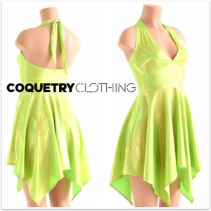 Neon Green Holographic Tink Pixie Handkerchief Hemline Halter Dress  153903