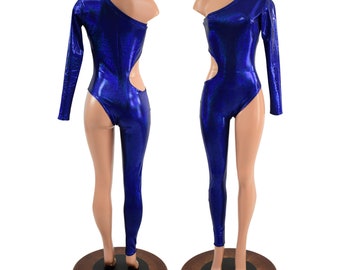 Blue Sparkly Jewel Asymmetrical Catsuit with Brazilian Cut Leg and Waist Cutout