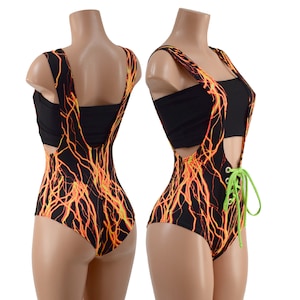 Neon Orange Lightning Suspender Romper with Front Laceup in Neon Lime Green Holographic.  Tube Top in Smooth Black Spandex  157901
