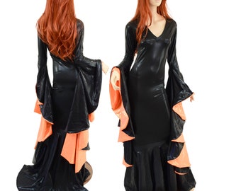 Queen of Halloween Black Mystique Puddle Train Gown with V Neck and Sorceress Sleeves, Sleeves lined in Orange Sparkly Jewel  158013