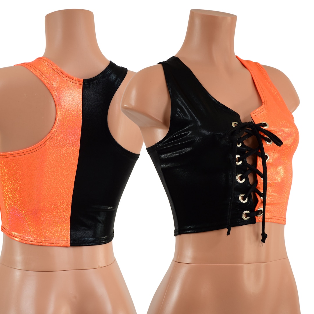 Split Crop Top String Color Split Laceup Racerback Crop Top, Orange Sparkly Jewel on the Left ...