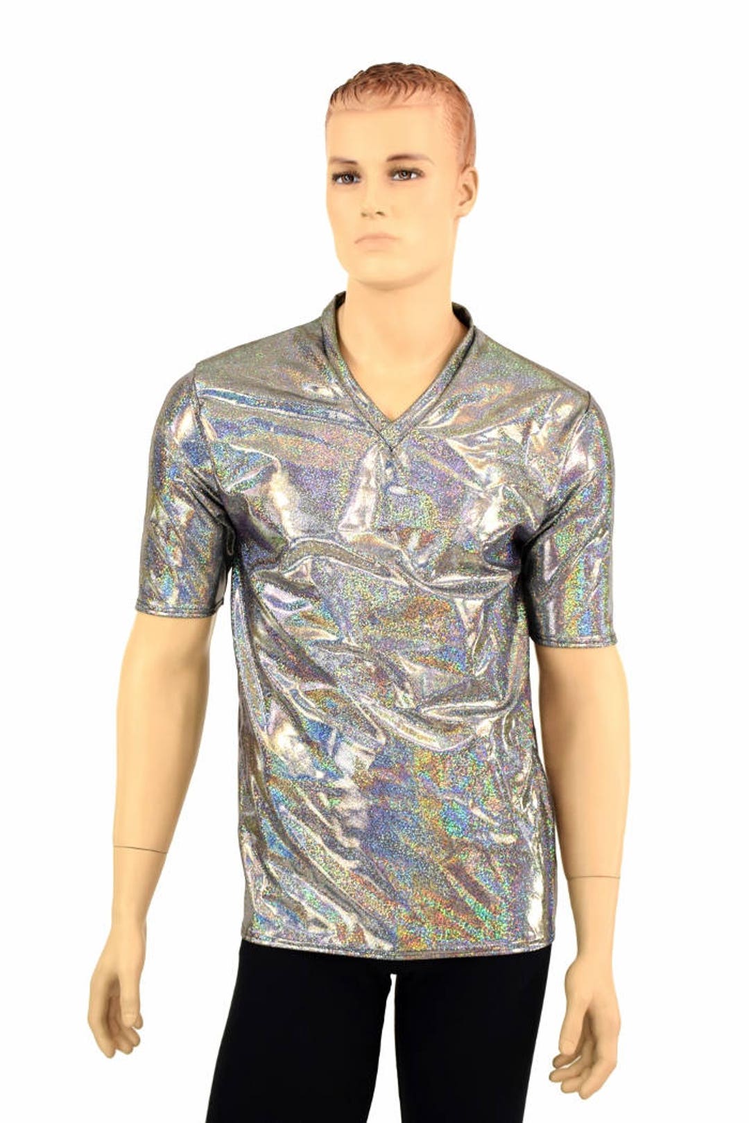 Mens Silver Holographic V Neck Top With Short Sleeves Mens - Etsy