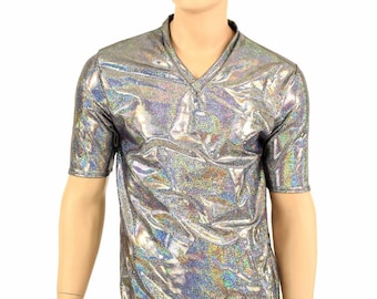 Mens Silver Holographic V Neck Top with Short Sleeves Mens Rave or Festival Shirt - 152375