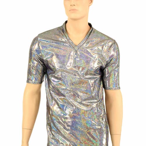 Mens Silver Holographic V Neck Top With Short Sleeves Mens - Etsy