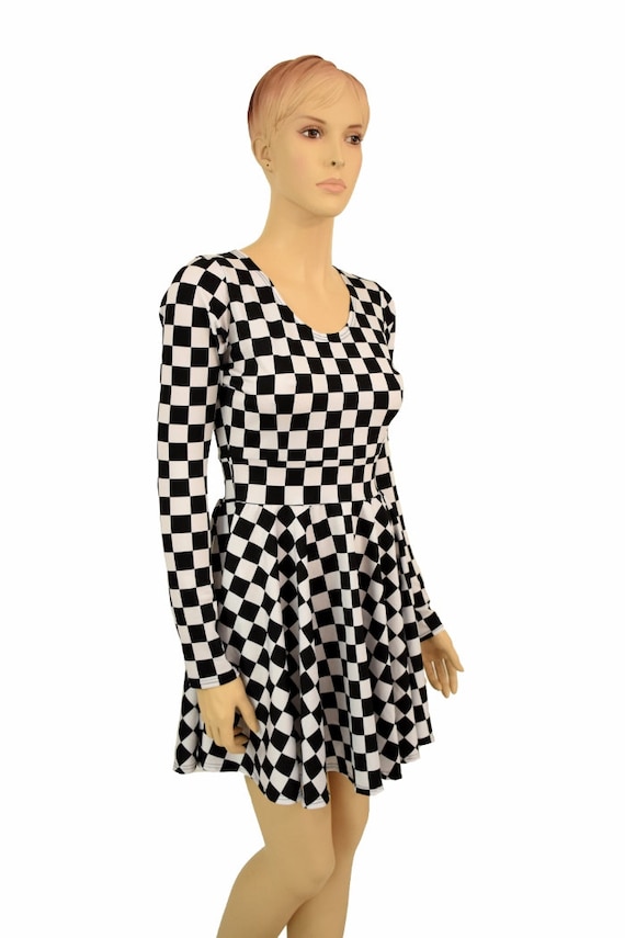 Black & White Checkered Print Long Sleeve Fit and Flare Skater Skate Dress  - - Etsy