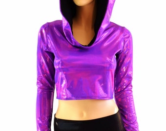 Grape Purple Holographic Long Sleeve Crop Hoodie with Black Zen Hood Liner Rave Festival Clubwear  -
