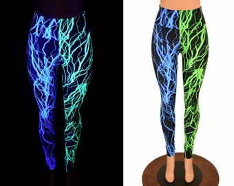 Split High Waist Leggings // Wearer's RIGHT Leg and Waistband Blue Lightning & Wearer's LEFT Leg and Waistband Green Lightning - 156358