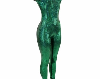 May include: A vibrant emerald green jumpsuit with a shimmering, textured finish. This one-piece garment features a deep V-neckline, short flutter sleeves, and a form-fitting silhouette that extends down to the ankles in a sleek, tapered leg design.