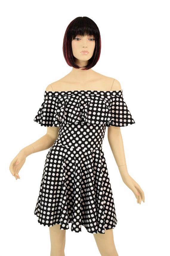 black and white polka dot dress off the shoulder Off-Shoulder Polka Dot Evening Dress Off Shoulder Vintage Ball Gown Fo –  Msikoods Official Store main image 0
