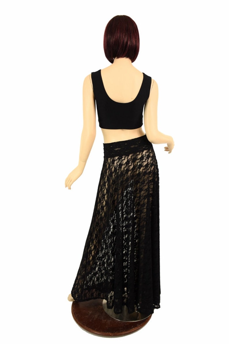 Black Lace Long Maxi Skirt Sheer See Through Transparent 155208
